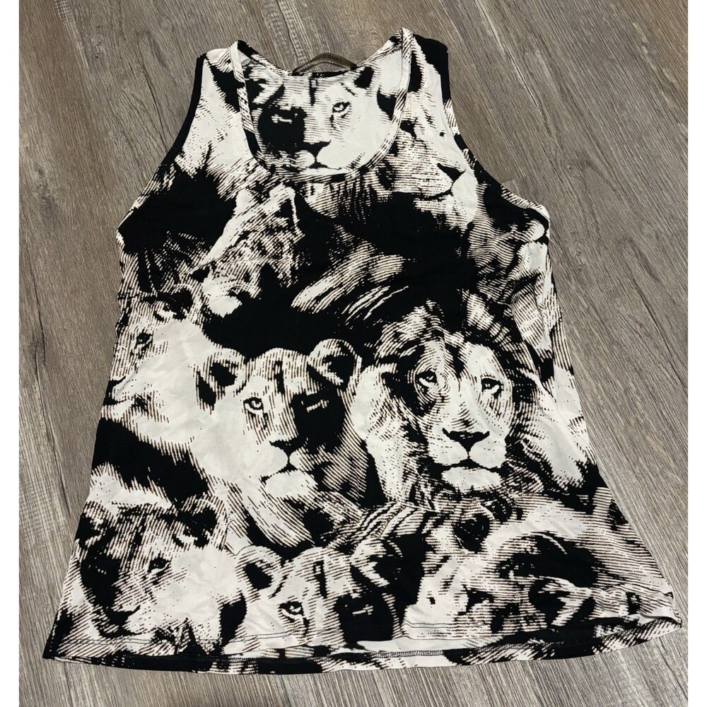 Vintage Y2K Roberto Cavalli Black White Lion Animal Print Tank Top Size 40 US 4